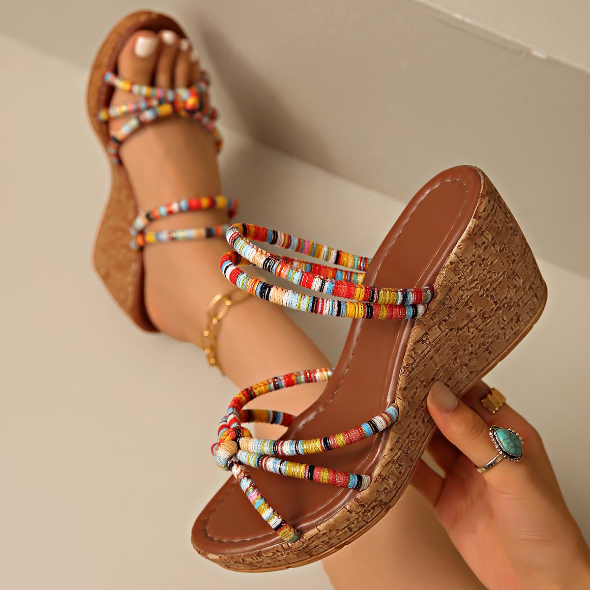 

Summer new large size wedge heel retro versatile fashion two wear platform sandals 36 коричневый