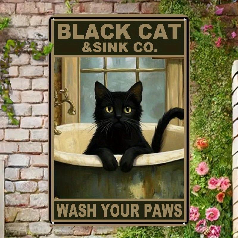Vintage Black Cat "Wash Your Paws" Metal Tin Sign - Humorous Bathroom Wall Art, Rustic Farmhouse Decor for Home, Bathroom Decor