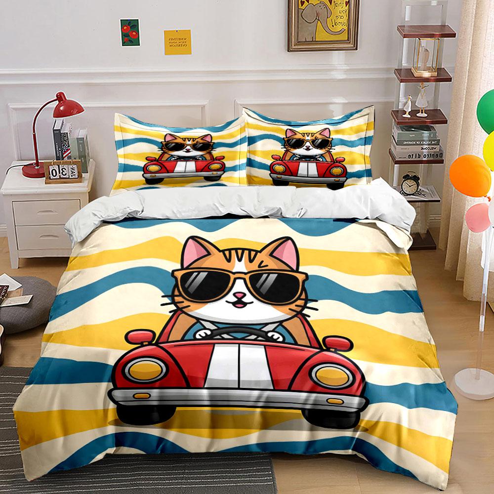 Cat driving red car. Bedding sets Duvet cover sets Duvet covers Pillowcases(1 * Duvet Cover 2 * Pillowcases without duvet insert)