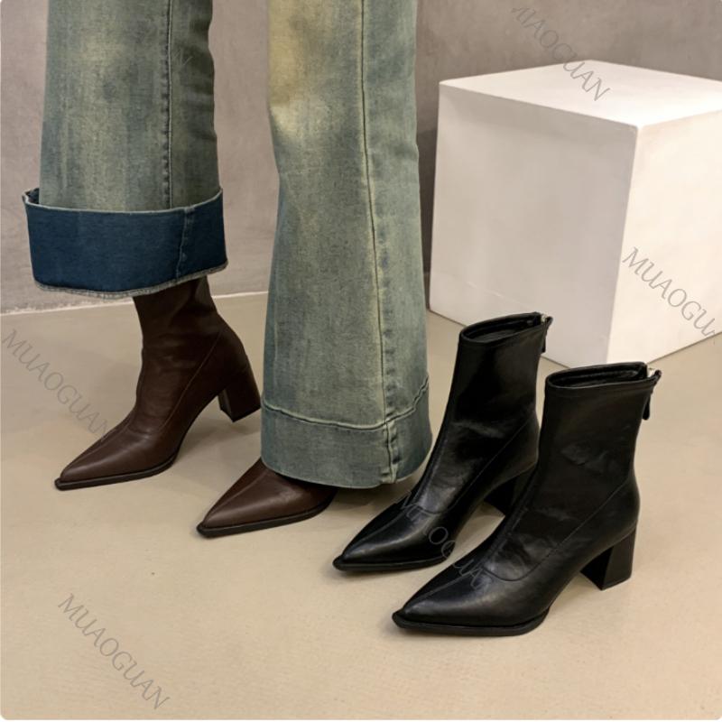 Fashion Vintage Thick Heels Women Slim Ankle Boots Elegant Footwear Pointed Toe Stripper Party Short Booties Outdoor Comfy Shoes