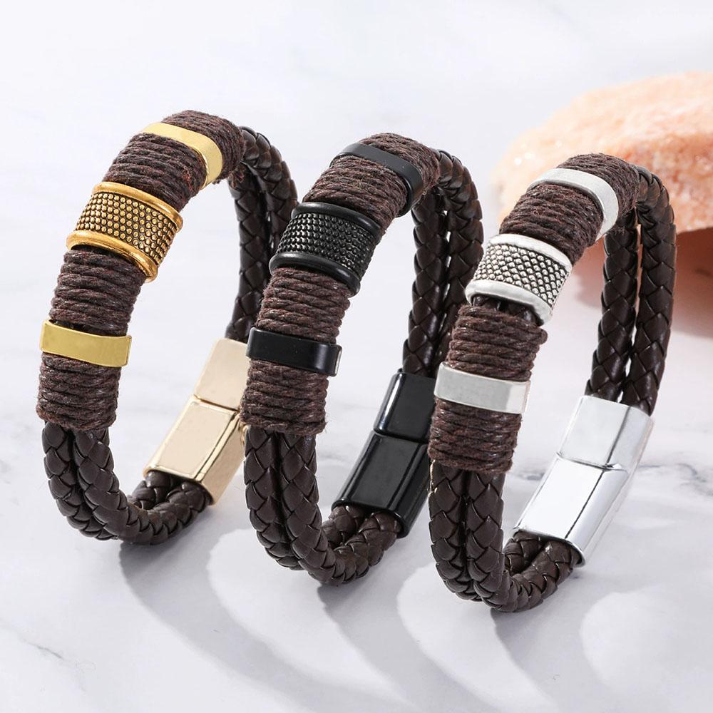 Leather Woven Bracelet Double-Layer Retro Trendy Punk Minimalist Texture Magnetic Buckle Men's Women's Bangle Couple Jewelry
