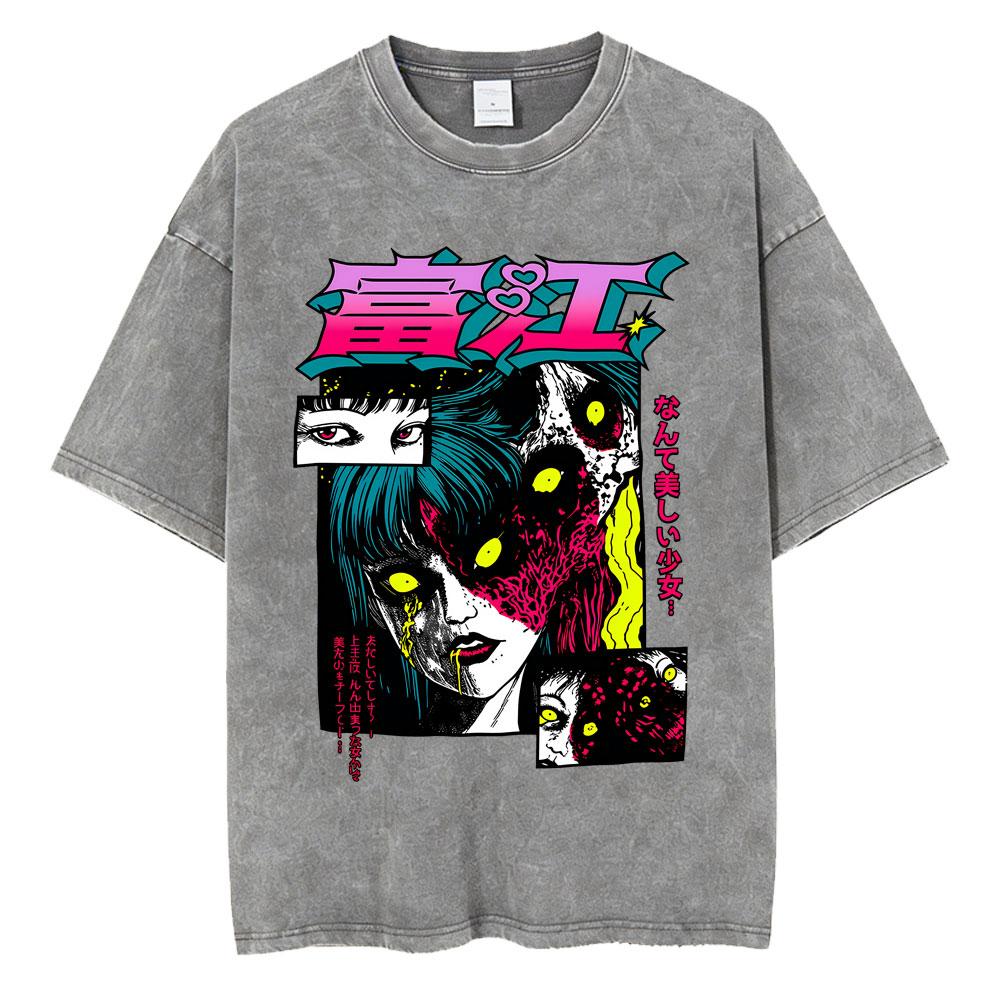 Anime Tomie Junji Ito Vintage Washed T-shirt Men Women Manga Horror Gothic Rock T Shirts Male Retro High Quality Cotton T-shirts