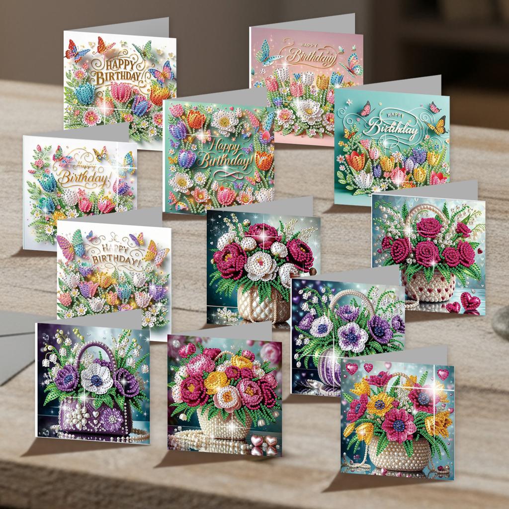 12 Packs Flower Animal DIY Diamond Art Painting Greeting Cards Diamond Art Cards for Christmas Birthday Thanksgiving Day Holiday