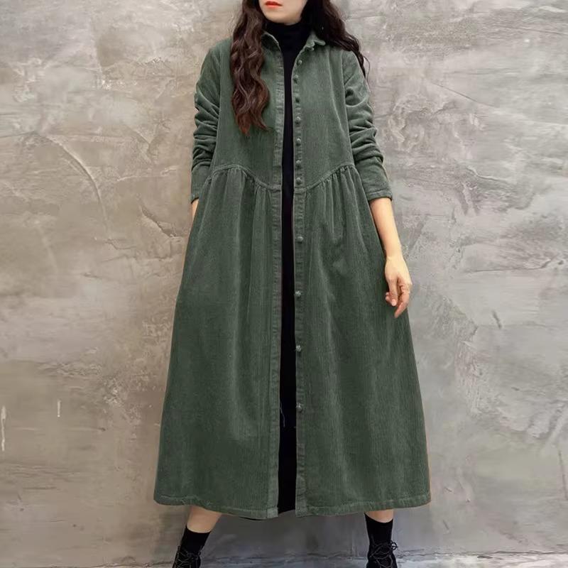 Vestido de Pana Otoño para Mujer Casual Manga Larga Botones Vestido de Sol Liso Holgado Vacaciones Vestido Kaftan Vestido Camisa Vintage