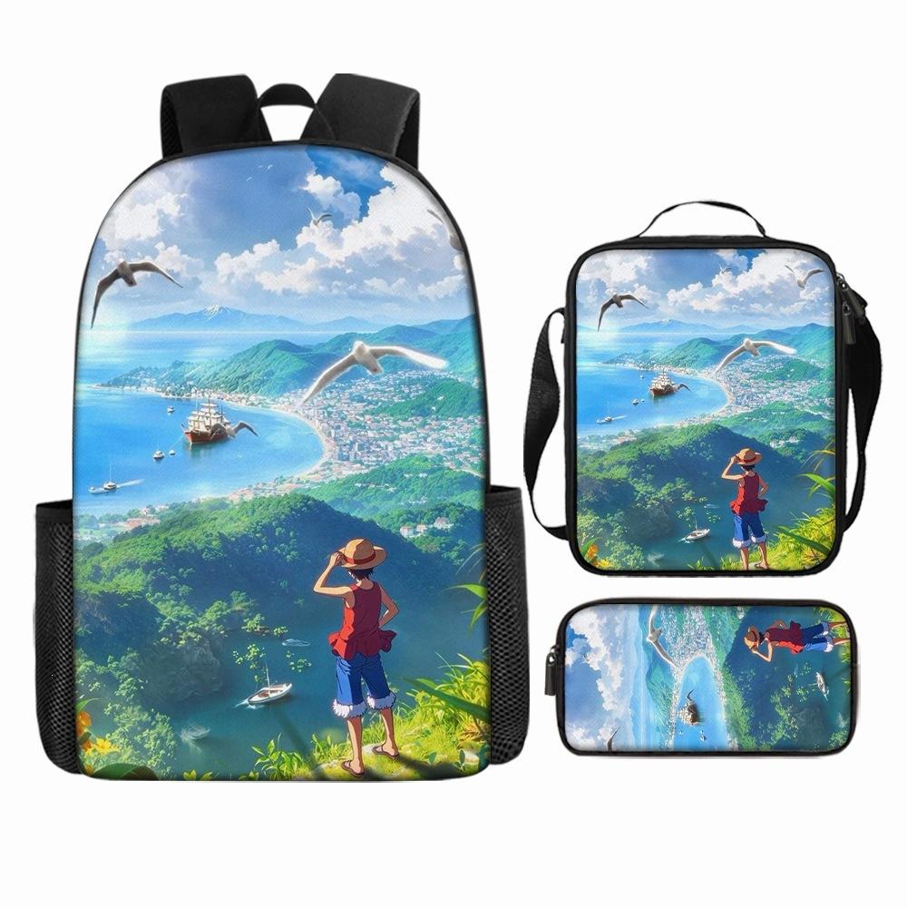 Anime Rucksack Set One Piece Naruto Schultasche für Jungen Schüler Laptop Rucksack Umhängetasche Federmäppchen 3-teilig Große Kapazität Wasserdicht