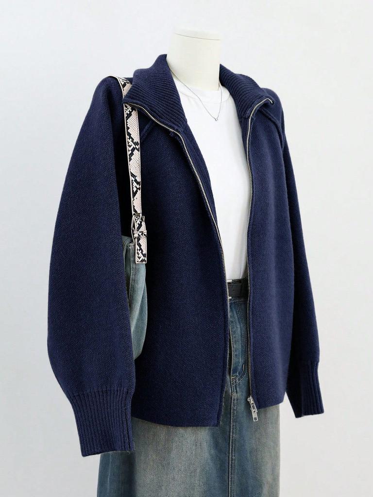 Solid Stand Collar Zip Knitted Cardigan Top Sweater Jacket
