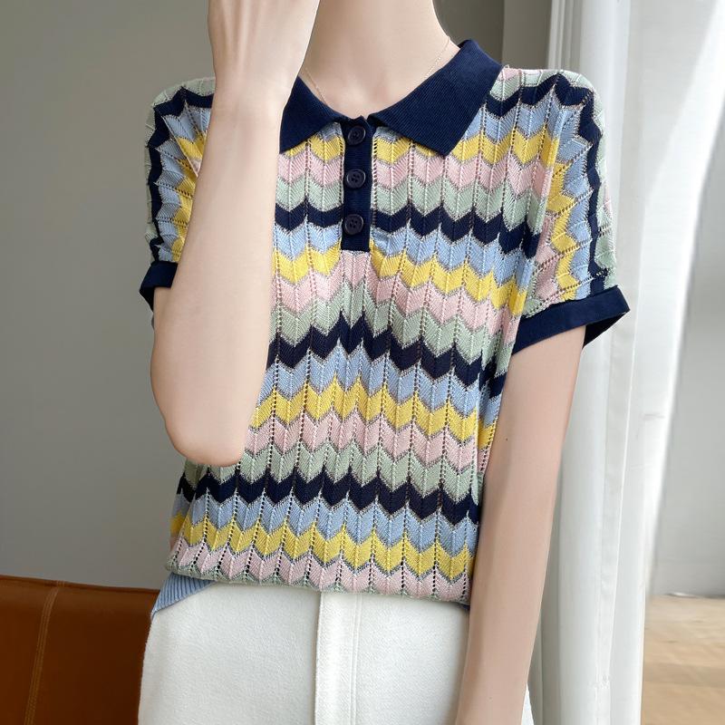 

Summer Thin Korean Lapel Dopamine Color Hollow Fashion Knitted Short-sleeved Women s T-shirt M