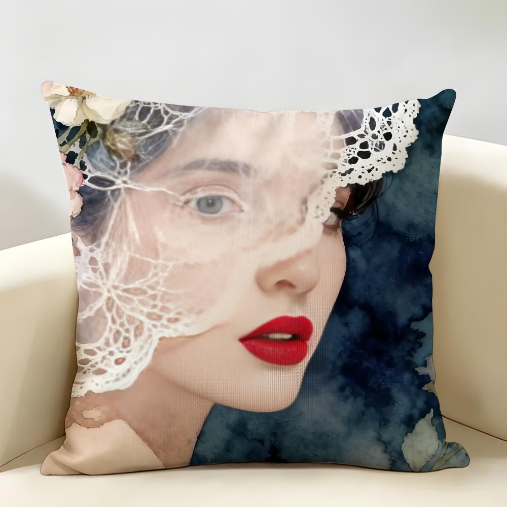 Retro Cute Wedding Girl Cushion Cover Natural Linen Organic Fabric DoubleSided Printing Room Sofa Decor Pillow Case
