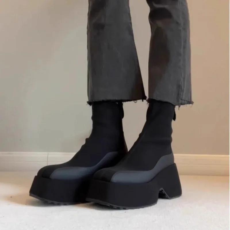 Elastic Chelsea Boots Women's Thick Bottom Heightening Slim Boot Black Short Sock Boot Zipper Back Female Round Toe Shoes