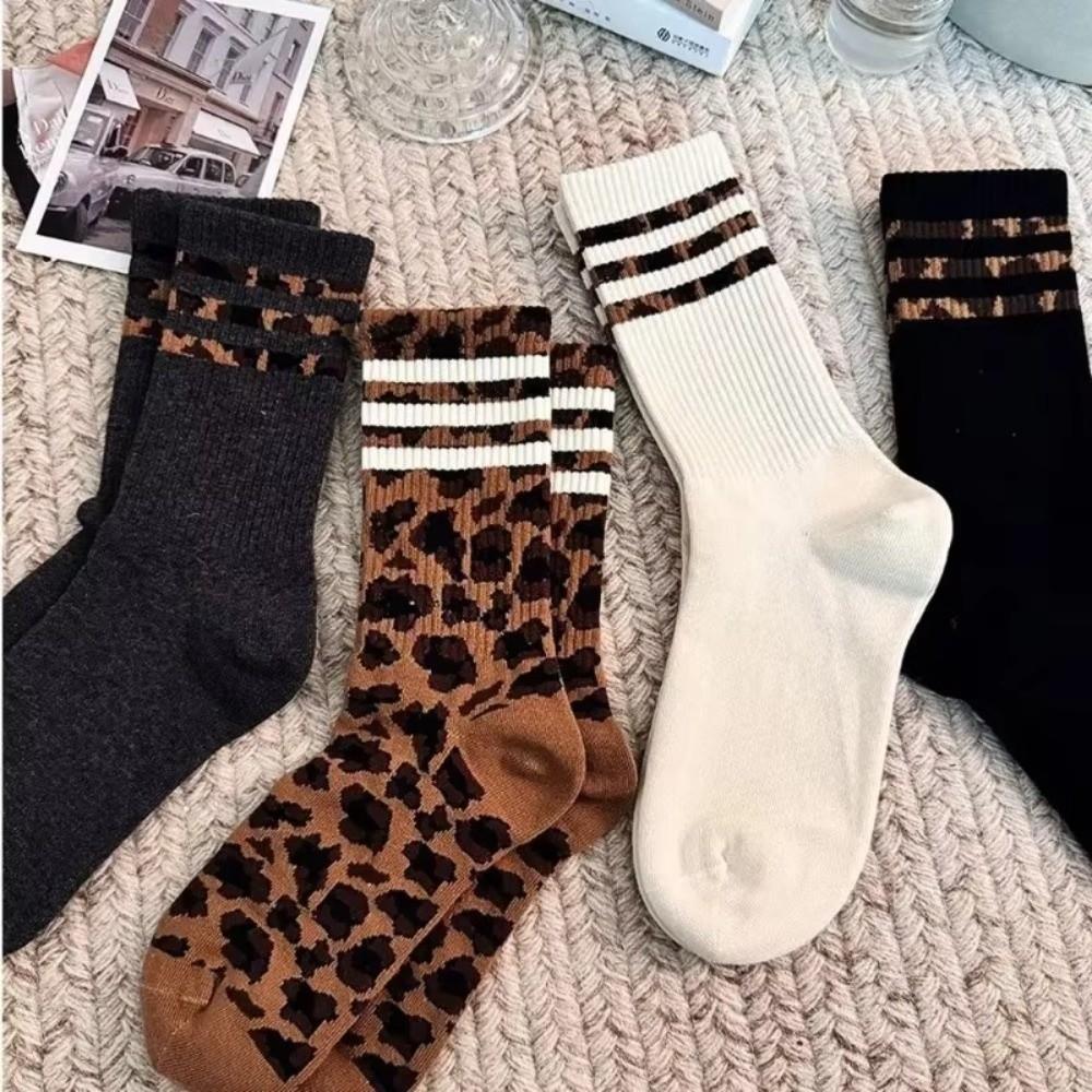 Leopard Print Crew Socks Striped Pattern Mid-Calf Socks Fashion High Tube Socks For Women