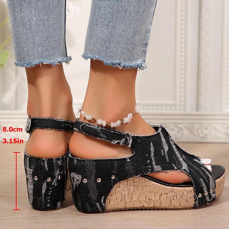 Fashion Fashion Blue Denim Wedges Sandals for Women 2025 Summer Thick Bottom Beach Shoes Woman Peep Toe Chunky Platform Sandalias Mujer
