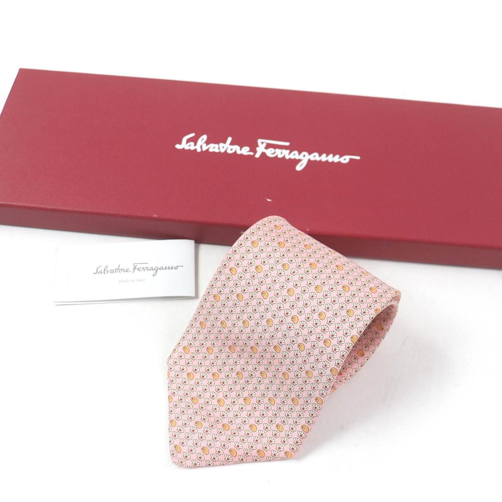 Pristine Salvatore Ferragamo tie Shell pattern wide tie pink silk mens Used