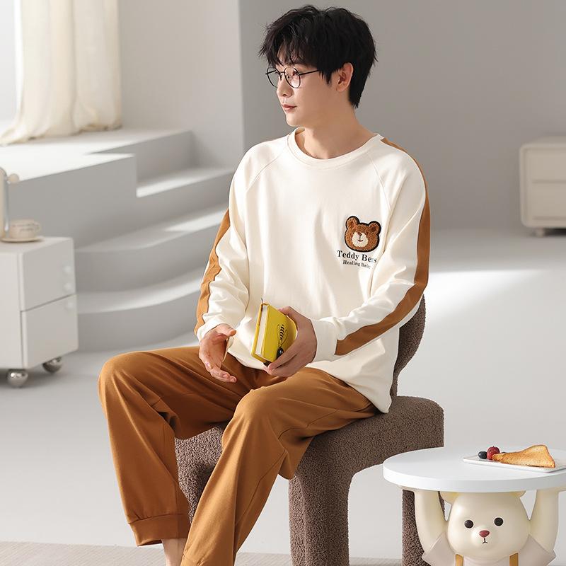 Pijamale de cuplu pentru femei, din bumbac pur, cu mânecă lungă și pantaloni, set drăguț de lounge pentru bărbați