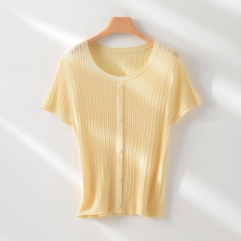 

Шелковый воротник, вязаный свитер с узором «скрученный цветок», имитация кардигана, женский летний приталенный тонкий простой и универсальный базовый L