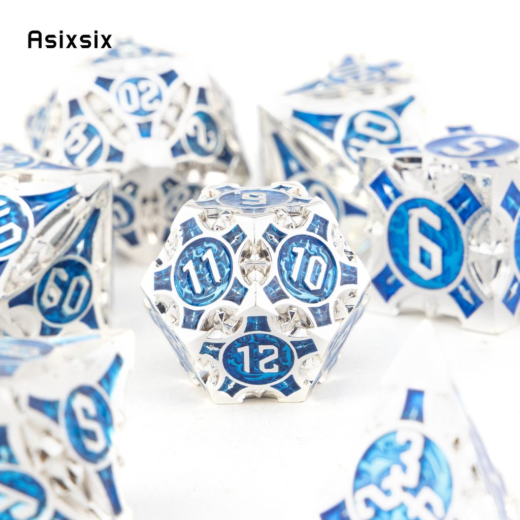 7 Pcs Blue White Metal Dice Solid Metal Polyhedral Dice Set Suitable For Role-Playing Dice PropBoard Game Gift