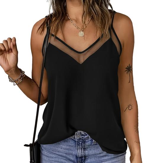 Women Tops Sling Spaghetti Straps V-Neck Mesh Splicing Loose Drape Cut Vest Soft Fabric Summer Casual Tank Tops