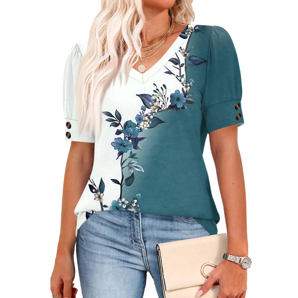 Womens Tops Short Sleeve Shirts Buttons V Neck  Fashion Outfits  Blouses  Casual