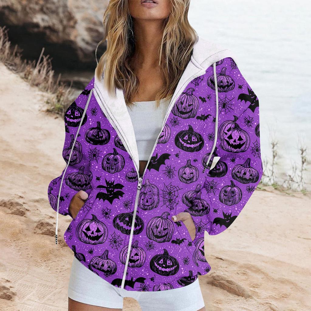 Women's Fashion Casual Halloween Printed Sweatshirt Long Sleeve With Pocket Cardigan Jacket Zipper Hoodie Coat