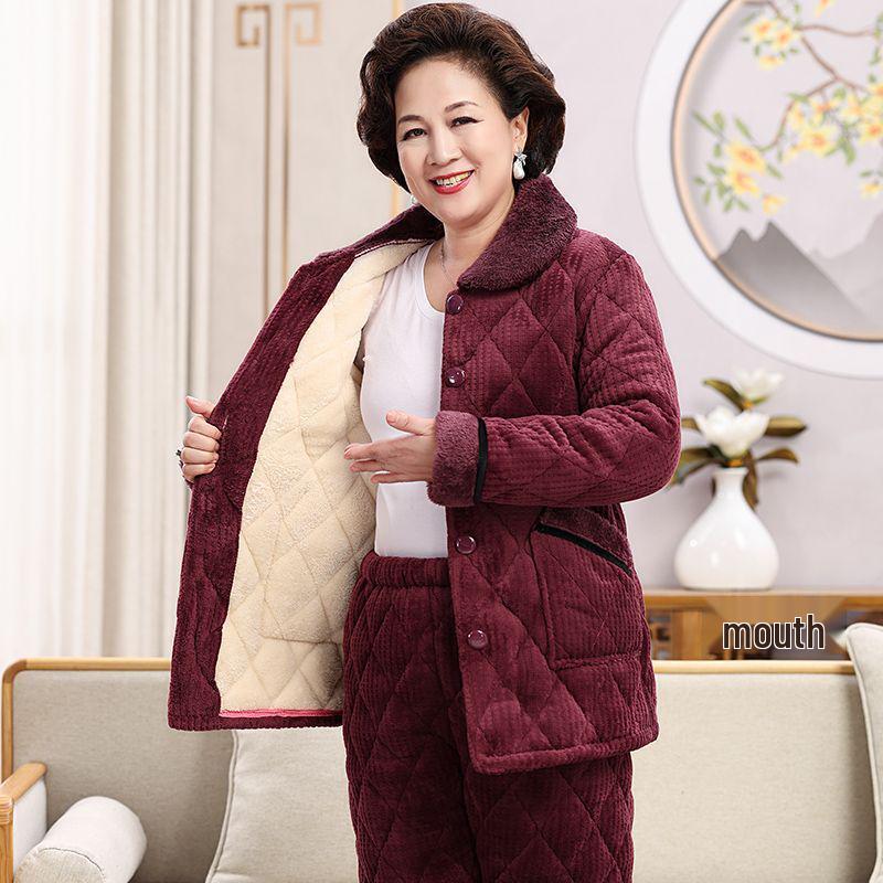 Women's Super Thick Three-Layer Velvet Pajamas - Winter Coral Fleece Quilted Homewear for Adults