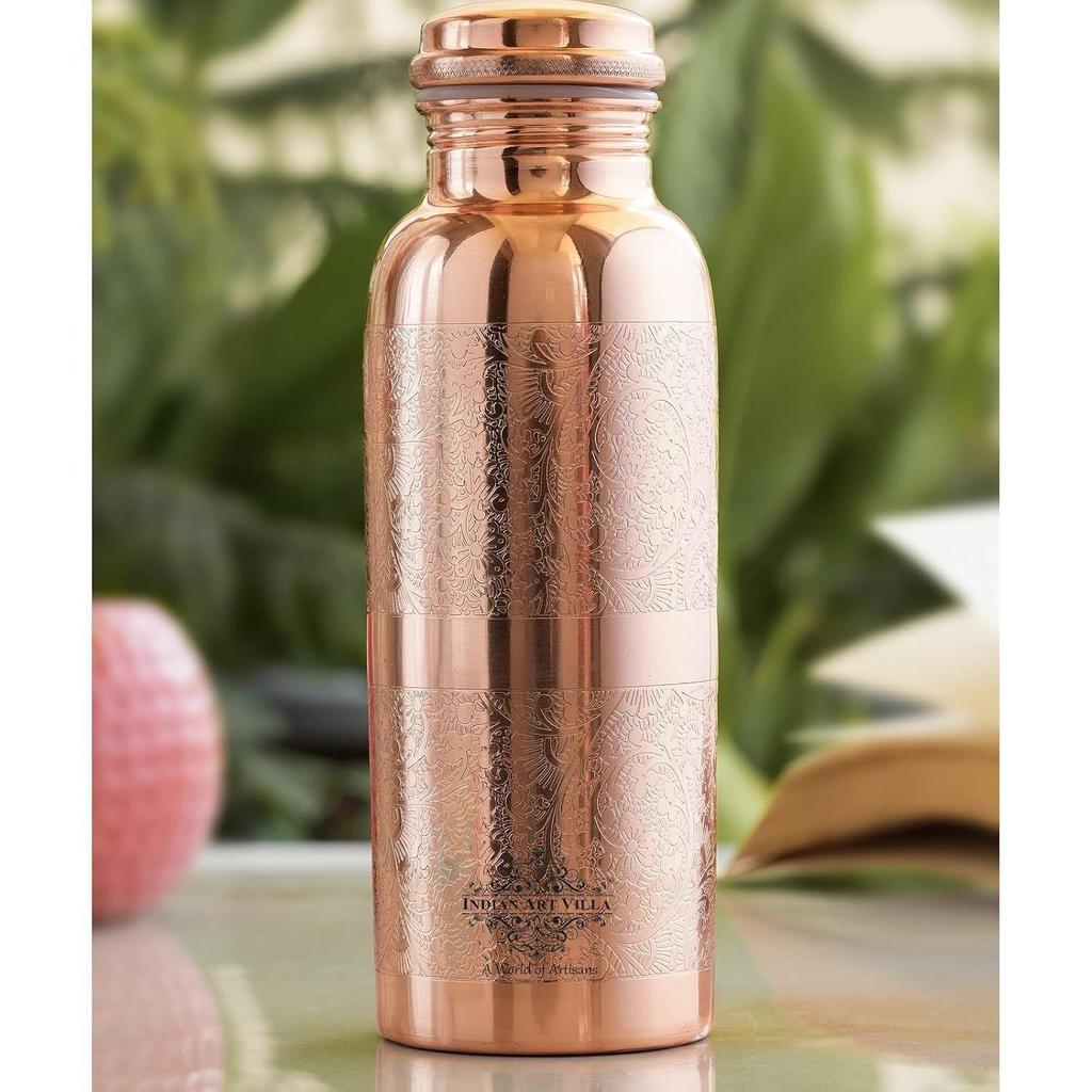 Pure Copper Water Bottle with Floral Vines Embossed Design, Drinkware, Storage Purpose, Volume-600 ML, Pack of 1