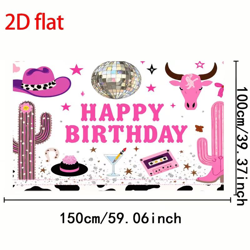 2D Pink Cowgirl Disco Birthday Backdrop, Western Cactus Photography Bann
