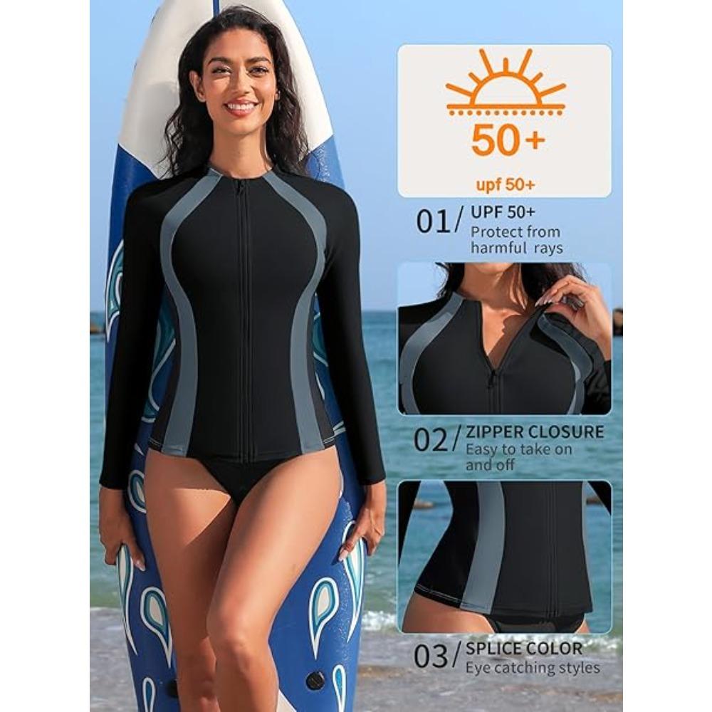 CHARMLEAKS Women Zip UV Rash Vest Long Sleeve Rashguard Shirts