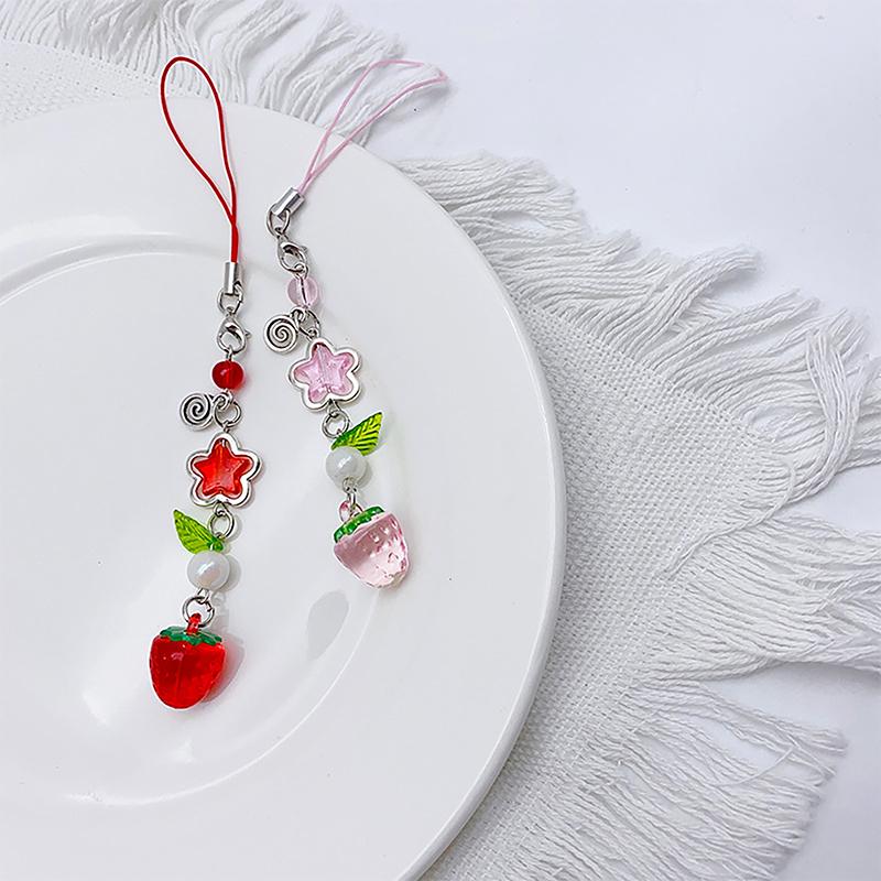 Korean Cute Strawberry Mobile Phone Chain Y2K Sweet Fruits Beaded Phone Lanyard Keychain For Girls Phone Pendant Charms