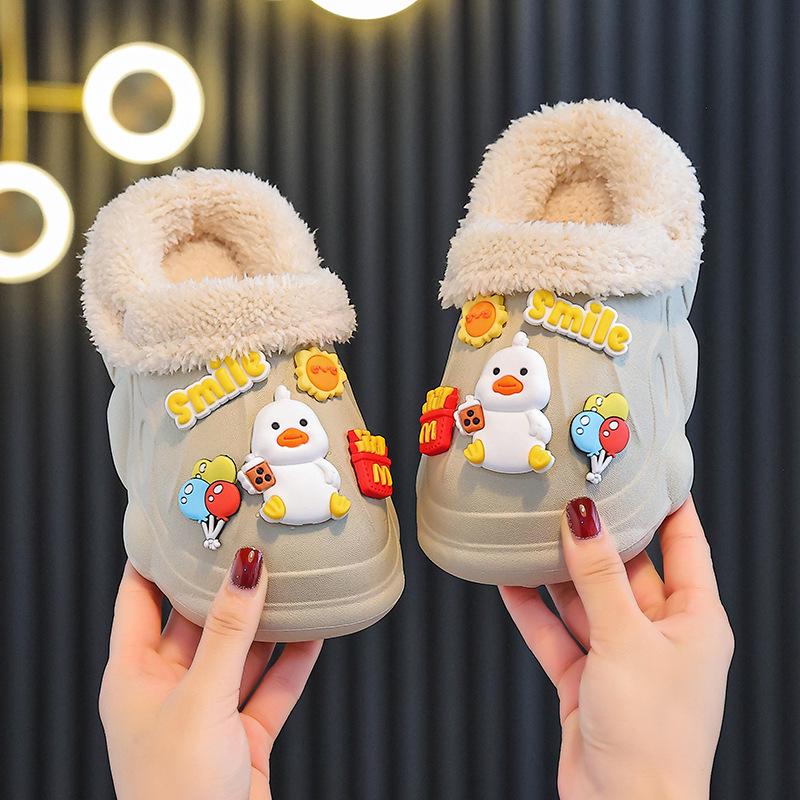 Kids' Waterproof Non-Slip Cotton Slippers, Plush Lined for Warmth, Removable Fur Lining, Perfect for Autumn/Winter Home Use.