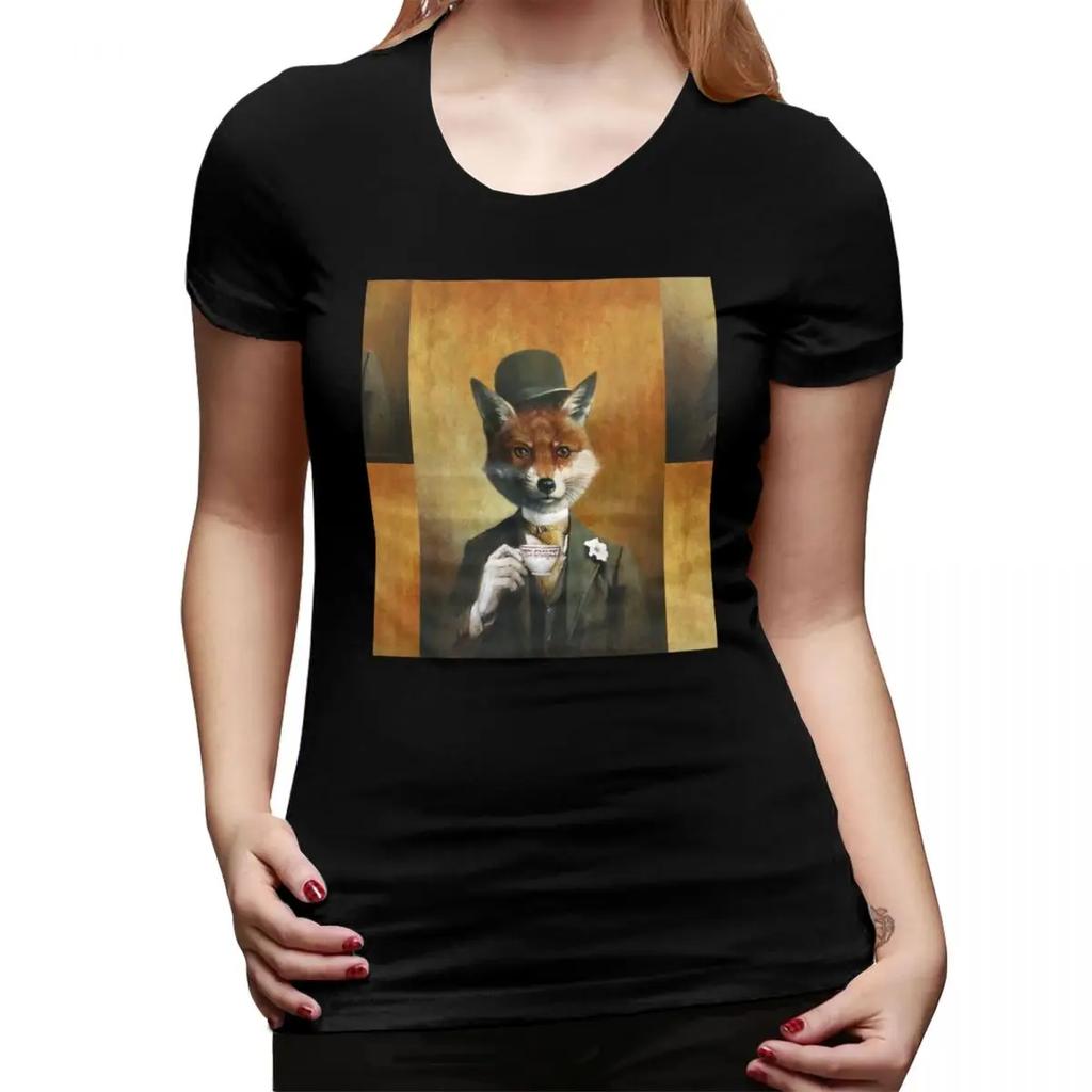 Teatime Mr Fox TShirt for Women Crew Neck Streetwear T Shirts Womens Tees Short Summer Clothes Tops