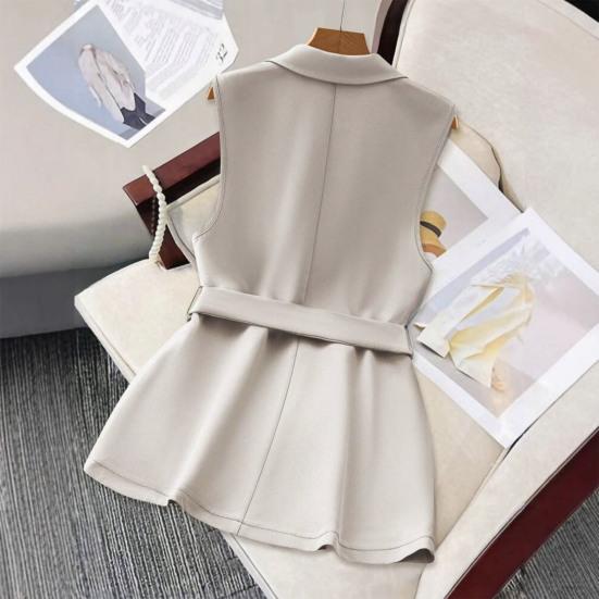 Women's Sleeveless Blazer Vest Button Lapel Collar Work Jacket Fall Casual Long Dressy Coat with Belt