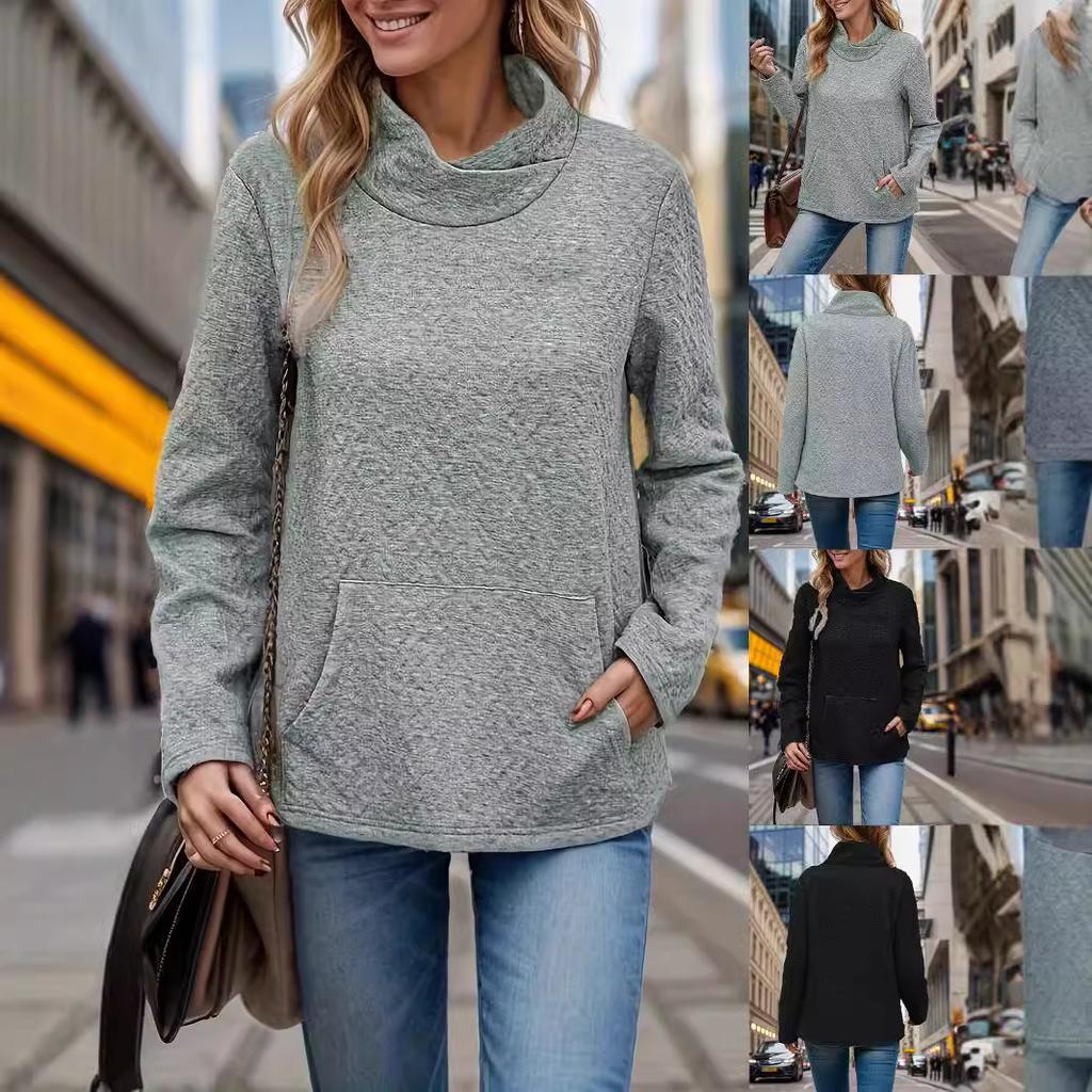 Autumn and Winter Women's Plus Size High Neck Casual Twist Solid Color Long Sleeve Sweatshirt
