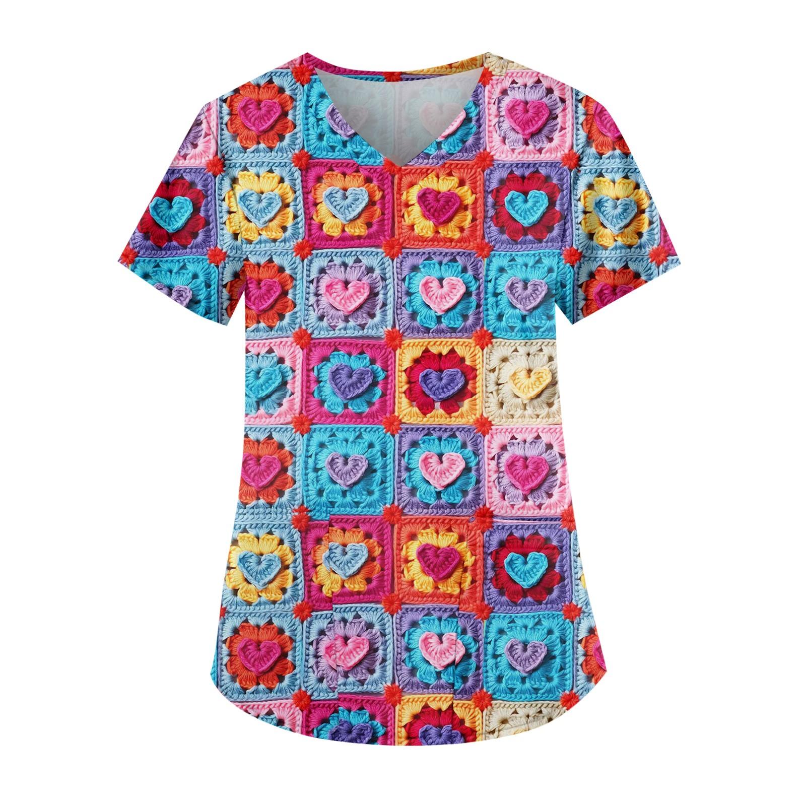 

Women s Fashion V-Neck Short Sleeve Overalls With Pockets Valentine s Day Printed Tops Apparel S