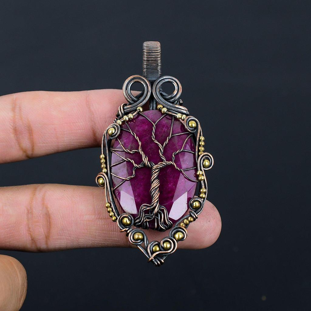 Beautiful Tree Of Life Red Ruby Gemstone Pure Copper Wire Wrapped Handmade Pendant Jewelry