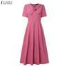 ZANZEA Women Casual V-Neck Summer Short Sleeve Loose Long Dress