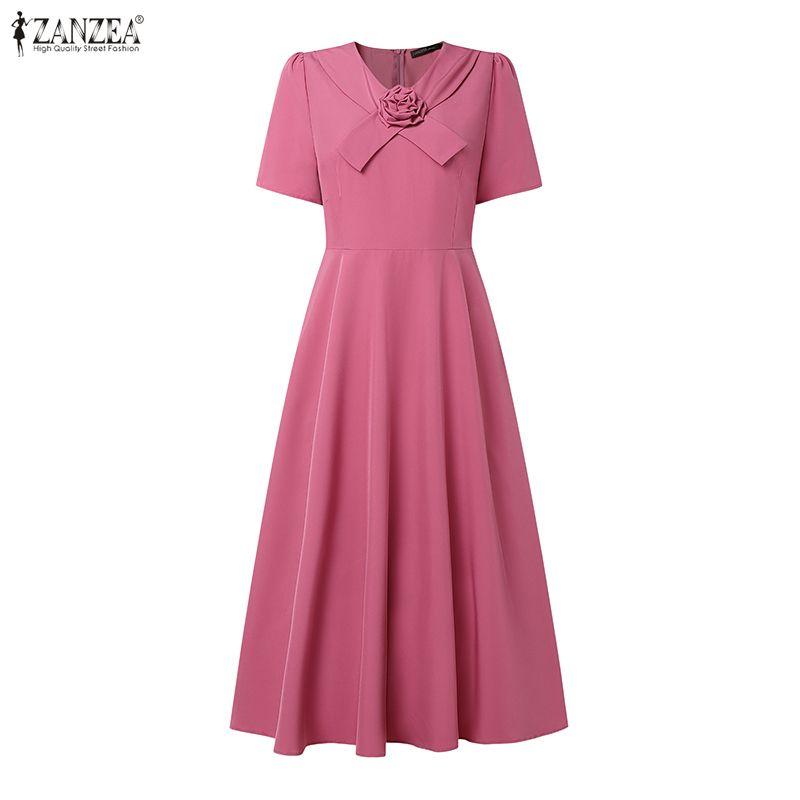 ZANZEA Women Casual V-Neck Summer Short Sleeve Loose Long Dress