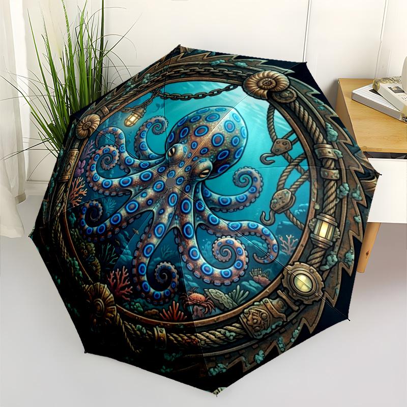 Oceanic Steampunk Octopus pattern umbrella, portable and foldable design, 8 ribs, a casual accessory for Halloween, Christmas, and birthday gifts.