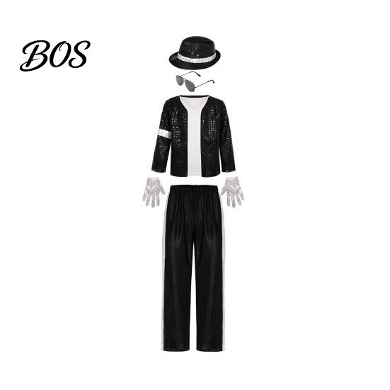 Giacca Paillettes Bambini Anni '80 '90 Costume da Esibizione, Giacca Nera Paillettes, Top, Pantaloni, Cappello, Pantaloni a Strisce Metalliche Occhiali da Bambino, Guanti,