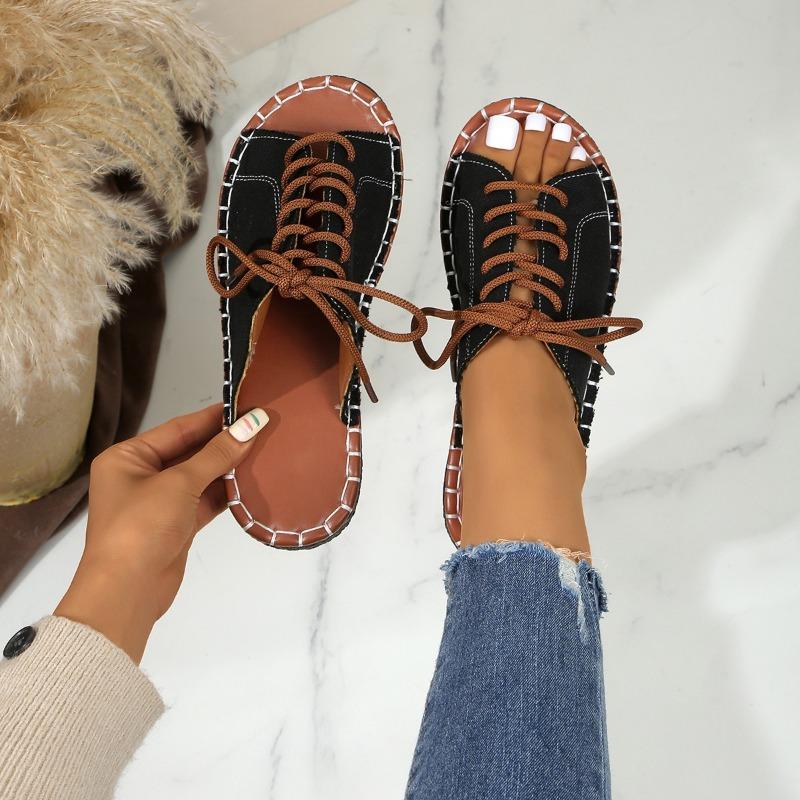 Summer Flat One-line Lace-up Shoes Large-sized Casual Slippers Roman Women's Sandals