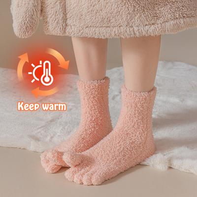 1 Pair Women Coral Fleece Toe Socks Autumn Winter Fuzzy Thick Warm Thermal Mid-calf Socks Soft Fluffy Home Sleeping Slipper Floor Socks