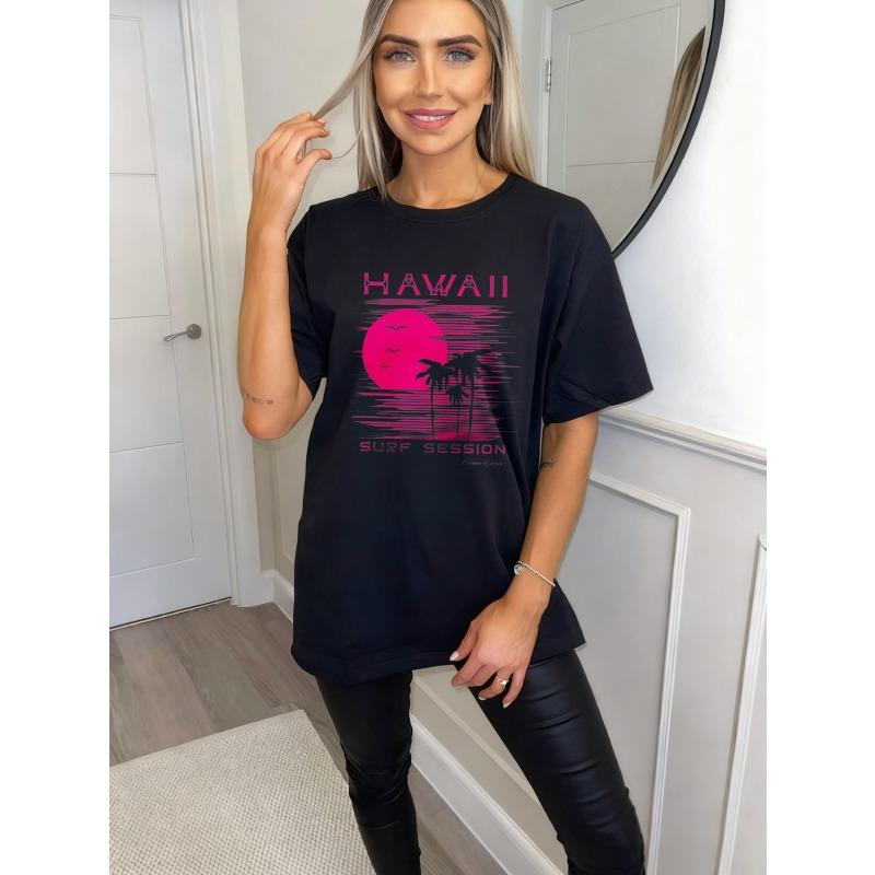 Tricou Oversized Negru Hawaii Sesiune de Surf Palme și Apus de Soare Imprimeu Grafic Îmbrăcăminte de Plajă de Vară