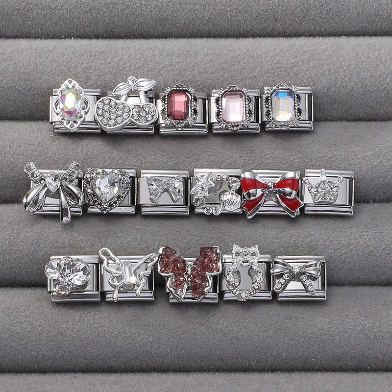 Y2K Zircon Cherry Bow Heart Butterfly Shiny Italian Charm Links Fit 9MM Bracelet Stainless Steel Jewelry DIY Making Jewelry