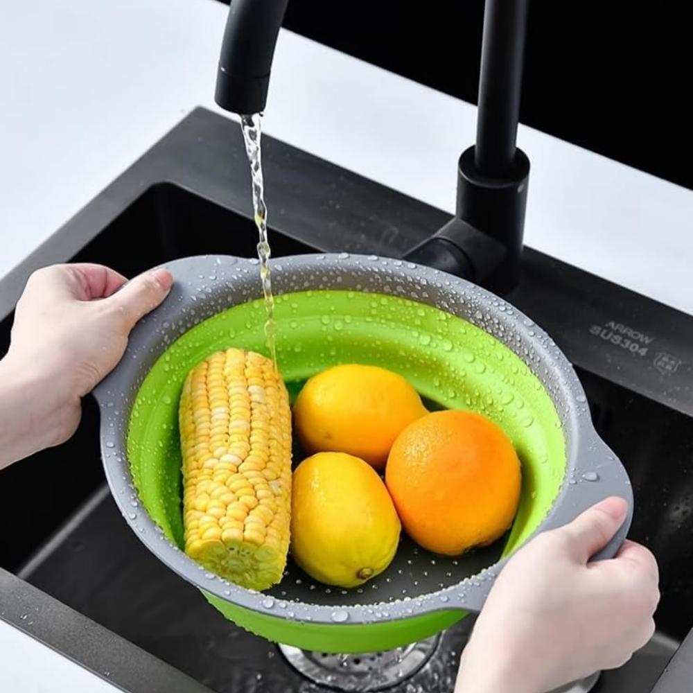 Vikbart filterkastrullset, vikbar köksfilterkastrull, liten rund filterkastrull med bas och handtag, lämplig för pasta, frukt, v