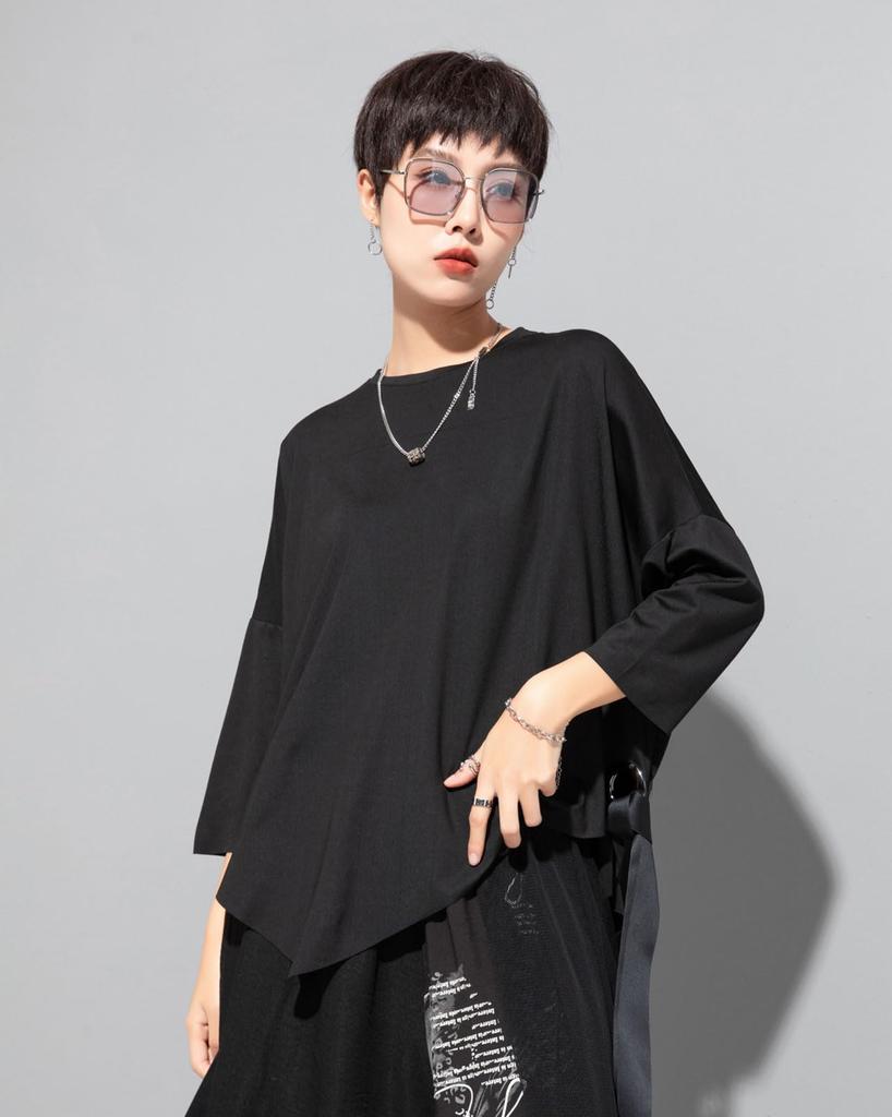 Morino Sleeve with Drop Asymmetrical Ring Loose and Trendy for Spring and Summer Women's 3/4 T-Shirt Shoulder, Design, Fit, Unique, (L, Black)