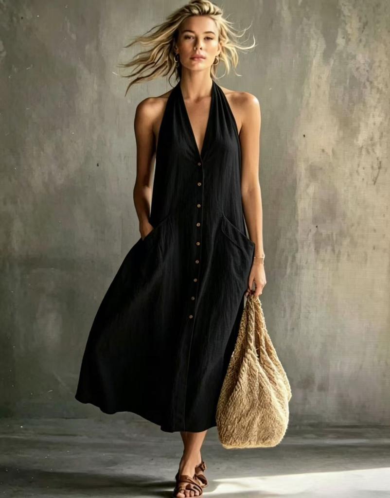 Neue Damenbekleidung Europäischer und Amerikanischer Stil V-Ausschnitt Kleid Damen Sommer Einreiher Ärmellos Locker Schwingend Langes Kleid Damen Sommer