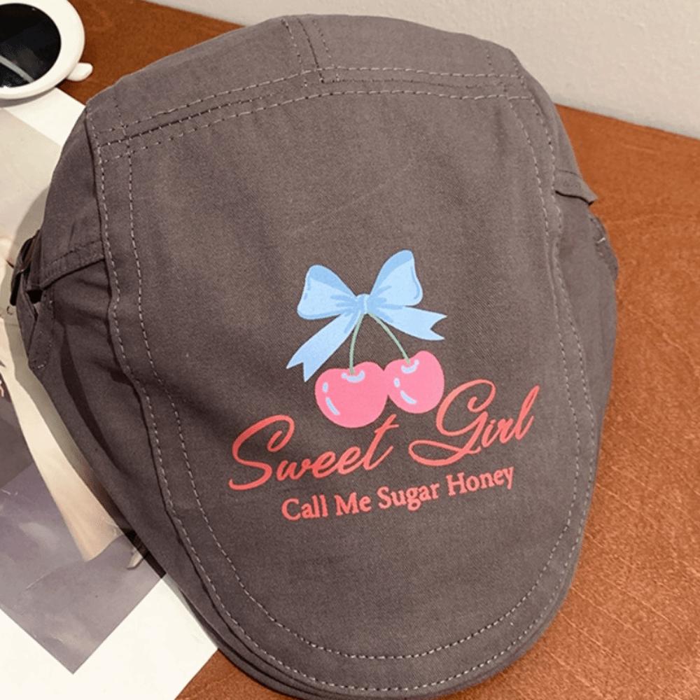 Embroidey Graffiti Forward Hat Cherry Artist Hat Adjustable Y2k Beret  Teenagers