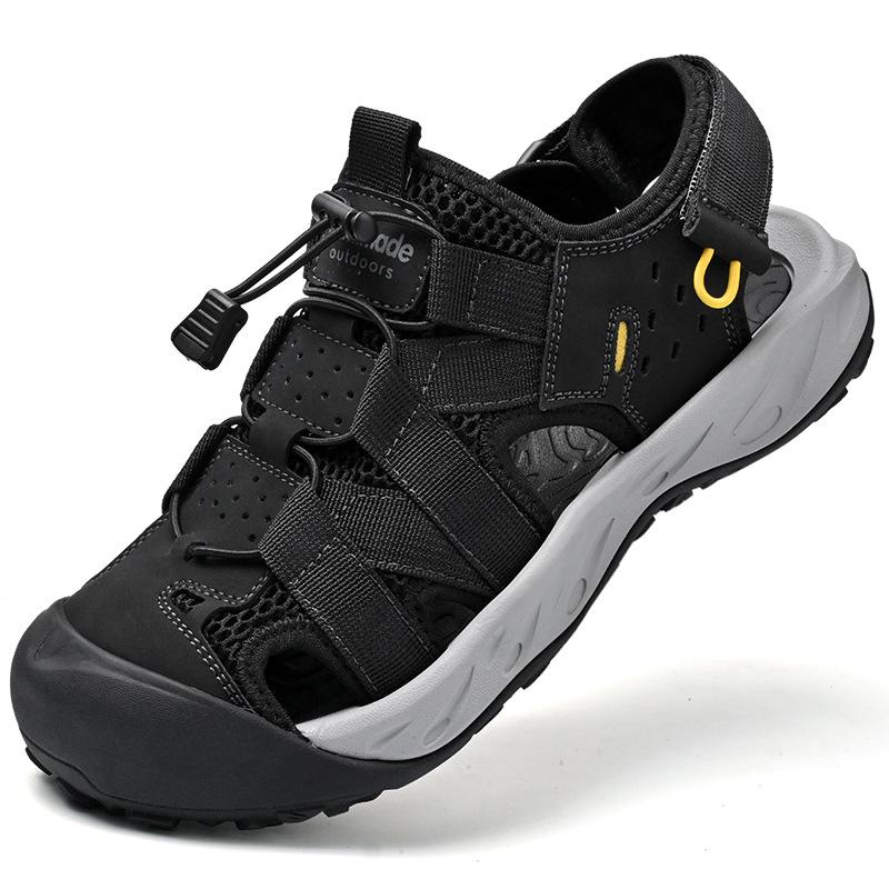

Мужские сандалии 2025 лето дышащая кожа модные уличные повседневные мужские туфли на липучке универсальные нескользящие пляжные туфли 45 чёрный