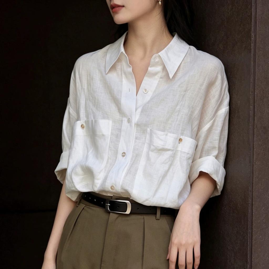High-end linen white short-sleeved shirt women's summer thin cotton and linen retro lazy French shirt commuter top