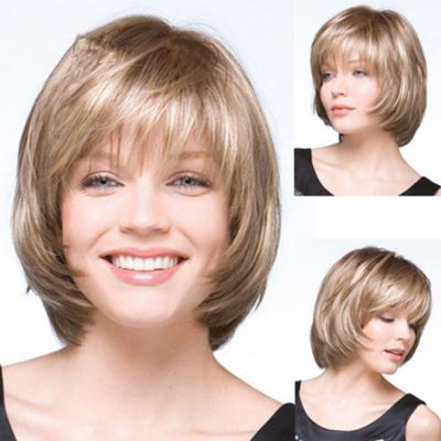 Synthetic Short Blonde Wig for White Women Straight Hair Bob Wig with Bangs Natural Soft Daily Cosplay Halloween Lolita Party