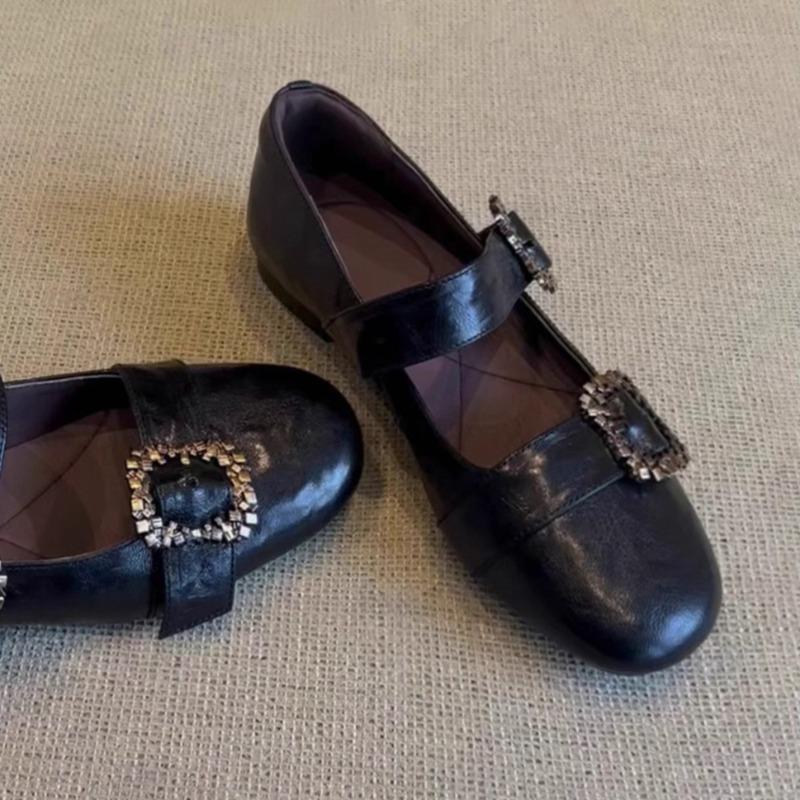 Spring Flat Shoes Women's Round Head Shallow Mouth Metal Buckle Soft Sole Non-slip Wear-resistant Single Shoes