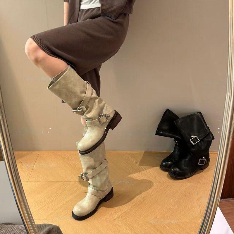 Retro Locomotive Boots Women's 2025 Autumn and Winter New Thick Heel Medium Boots Tooling But Knee Boots Martin Boots